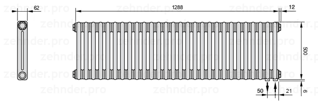 Схема (чертеж) Радиатор Zehnder Charleston 2050/28 №5510 Белый глянцевый RAL 9016
